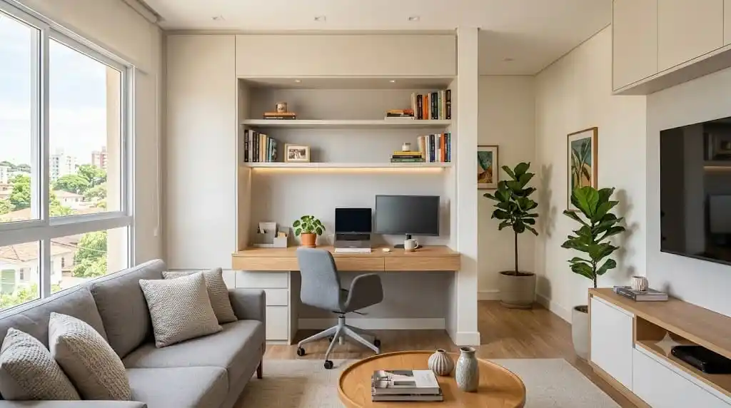 Home office sala , quarto planejado integrado a uma sala de estar compacta com sofá cinza, escrivaninha de madeira sob medida, nichos aéreos iluminados com fita de LED e painel de TV moderno.
