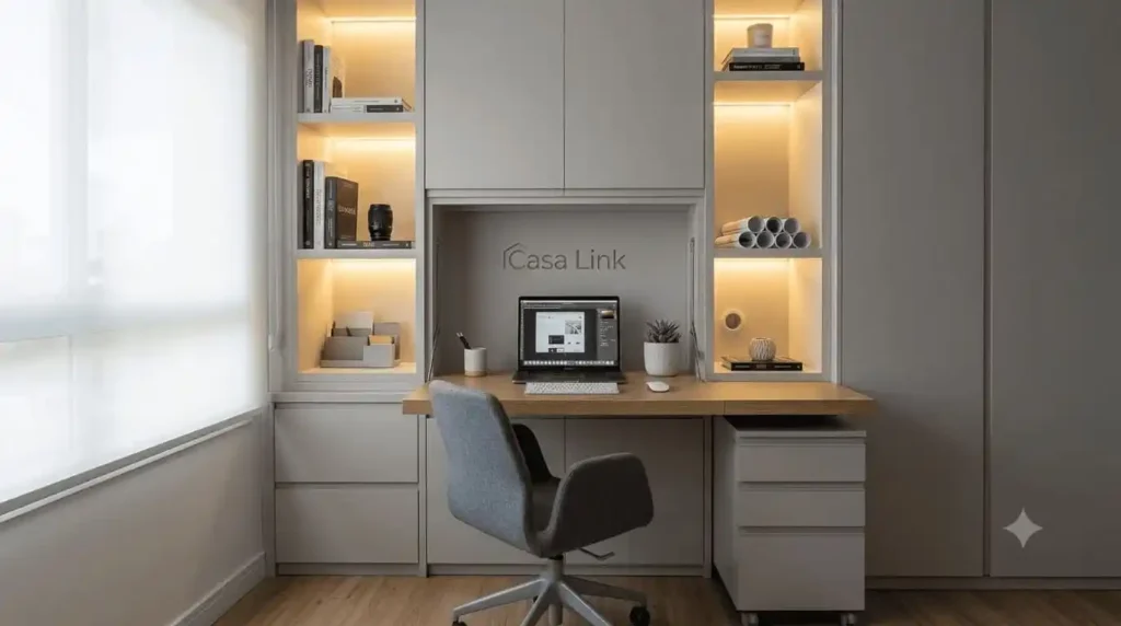 Visão frontal de um home office sob medida da Casa Link, destacando nichos laterais com iluminação embutida de LED quente, armários aéreos em tom fendi claro, cadeira de escritório cinza e uma escrivaninha de madeira com computador.