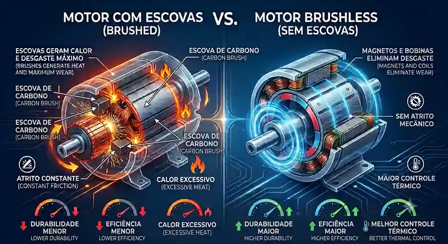 Infográfico técnico comparando o funcionamento interno de um motor elétrico com escova de carvão e um motor elétrico Brushless (sem escovas). A imagem mostra diagramas de ambos os motores, destacando a presença de escovas e comutador no motor convencional e bobinas fixas com ímãs permanentes no motor Brushless. Pontos de interrogação no centro ilustram o foco na comparação tecnológica.