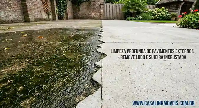 Fotografia em ângulo baixo mostrando a diferença drástica em um pavimento de concreto externo. O lado esquerdo está coberto por lodo verde escuro e molhado, enquanto o lado direito está completamente limpo e seco, com uma linha divisória irregular e nítida. O texto "LIMPEZA PROFUNDA DE PAVIMENTOS EXTERNOS - REMOVE LODO E SUJEIRA INCRUSTADA" e o site "WWW.CASALINKMOVEIS.COM.BR" estão visíveis no lado limpo.