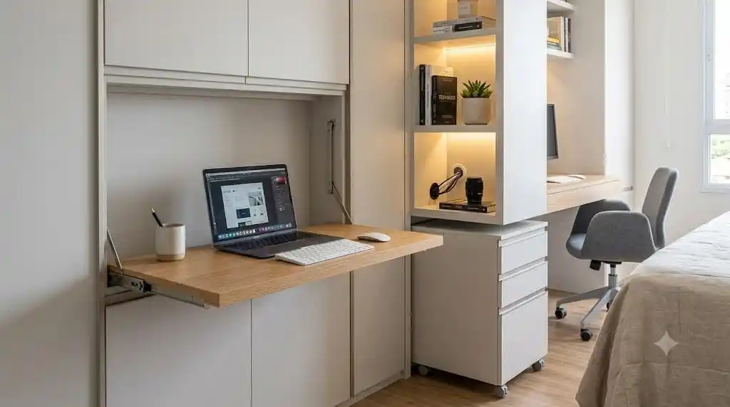 Detalhe de um escritório compacto planejado pela Casa Link, mostrando uma escrivaninha retrátil dobrável de madeira aberta com um laptop, nichos aéreos iluminados com fita de LED e um gaveteiro com rodízios.