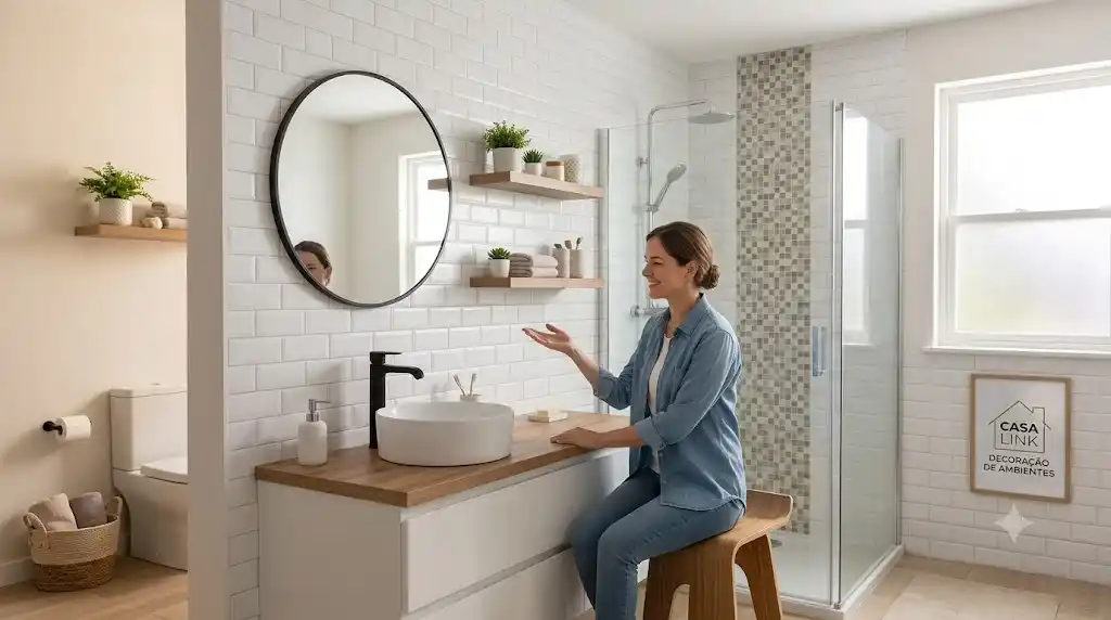 Uma mulher sorridente em pé em um banheiro moderno com azulejos de metrô brancos e uma bancada de madeira. Ela está fazendo um gesto de apresentação em direção ao chuveiro de box de vidro e à bancada. Há um pôster emoldurado na parede que diz "CASA RENOVADA".
