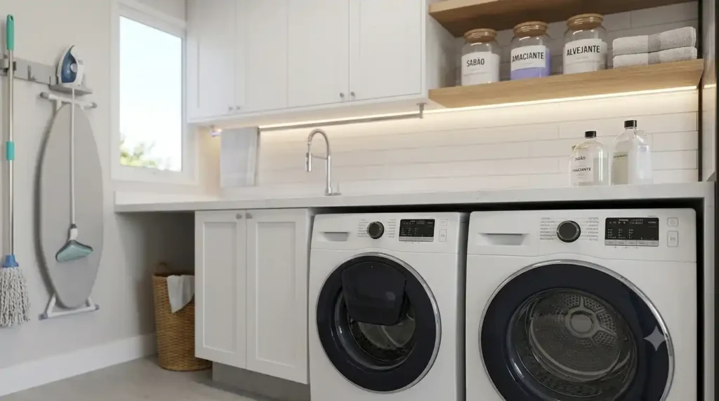 Close detalhado em duas máquinas de lavar front-load brancas e modernas embutidas sob uma bancada de quartzo branco em uma área de serviço organizada. Prateleiras de madeira com potes padronizados e rótulos legíveis em português (SABÃO, AMACIANTE, ALVEJANTE) estão logo acima.