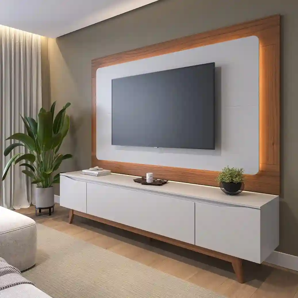 Painel de TV moderno off-white com iluminação em LED e moldura amadeirada acompanhado de rack Multimóveis