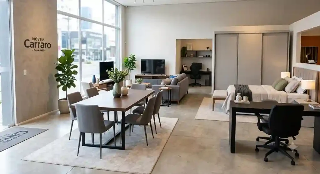 Um showroom de Móveis Carraro moderno e bem iluminado, exibindo diversos ambientes de casa. Há um conjunto de sala de jantar em primeiro plano, uma sala de estar ao fundo, um dormitório completo e uma área de escritório/gamer. Janelas grandes e o logotipo da Móveis Carraro são visíveis na parede.