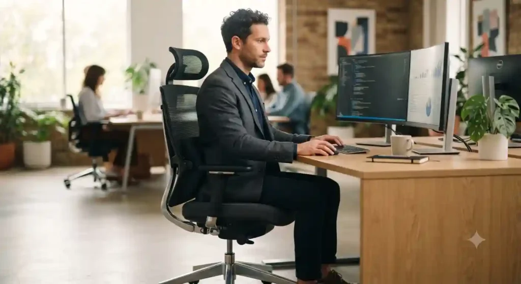 Profissional focado trabalhando em estação de escritório moderna, sentado em cadeira ergonômica com ajuste de altura e apoio lombar.