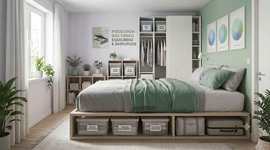 Quarto compacto decorado com parede de destaque em verde sálvia, quadros de círculos cromáticos que explicam a psicologia das cores, e cama baixa com roupas de cama em tons neutros e calmantes.