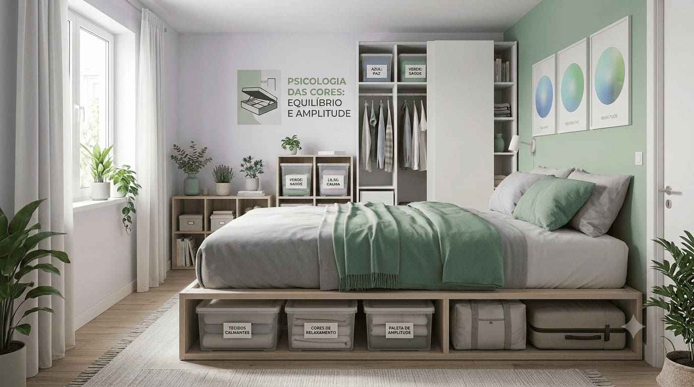 Quarto pequeno decorado com tons claros e verde suave para criar uma composição visual leve e equilibrada