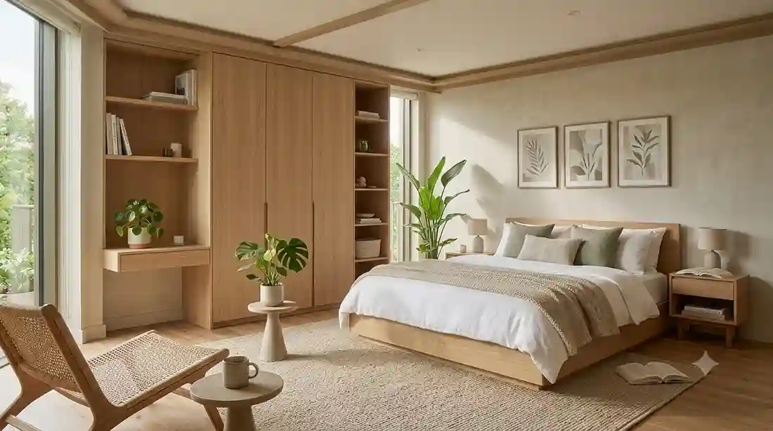 Quarto de casal moderno com cama de madeira clara, cabeceira, plantas e iluminação natural
