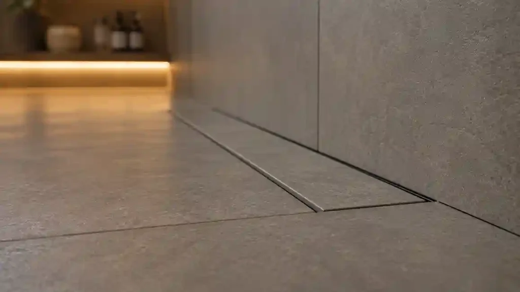 Detalhe de ralo linear embutido em banheiro walk-in com porcelanato cinza de grande formato, piso contínuo e acabamento minimalista de alto padrão.