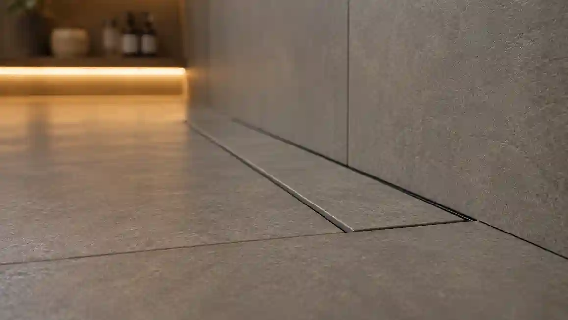 Detalhe de ralo linear embutido em banheiro walk-in com porcelanato cinza de grande formato, piso contínuo e acabamento minimalista de alto padrão.