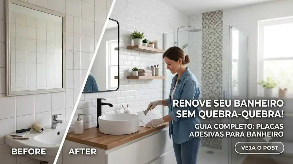 Uma imagem de antes e depois mostrando a renovação de um banheiro usando placas adesivas. À esquerda, o banheiro "Antes" tem azulejos brancos simples e uma pia básica com torneira prateada. À direita, o banheiro "Depois" apresenta azulejos de metrô brancos texturizados, uma bancada de madeira flutuante com cuba de apoio branca e torneira preta moderna, e prateleiras de madeira com plantas e sabonetes. Uma mulher sorridente em uma camisa jeans está aplicando uma placa adesiva na parede. O texto na imagem diz: "RENOVE SEU BANHEIRO SEM QUEBRA-QUEBRA! GUIA COMPLETO: PLACAS ADESIVAS PARA BANHEIRO" e um botão "VEJA O POST".