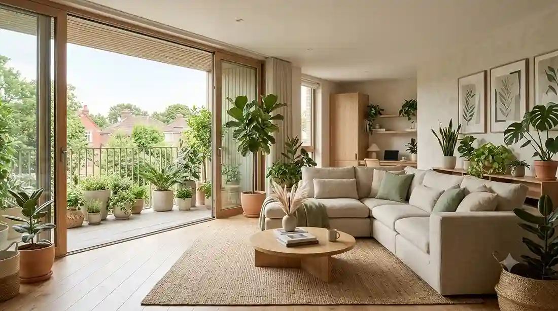 Sala de estar contemporânea integrada com plantas e mobiliário moderno