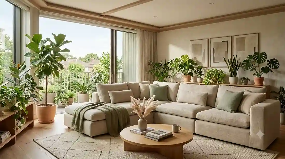 Sala de estar moderna com sofá bege, mesa de centro de madeira, plantas naturais, tapete geométrico e grandes portas de vidro