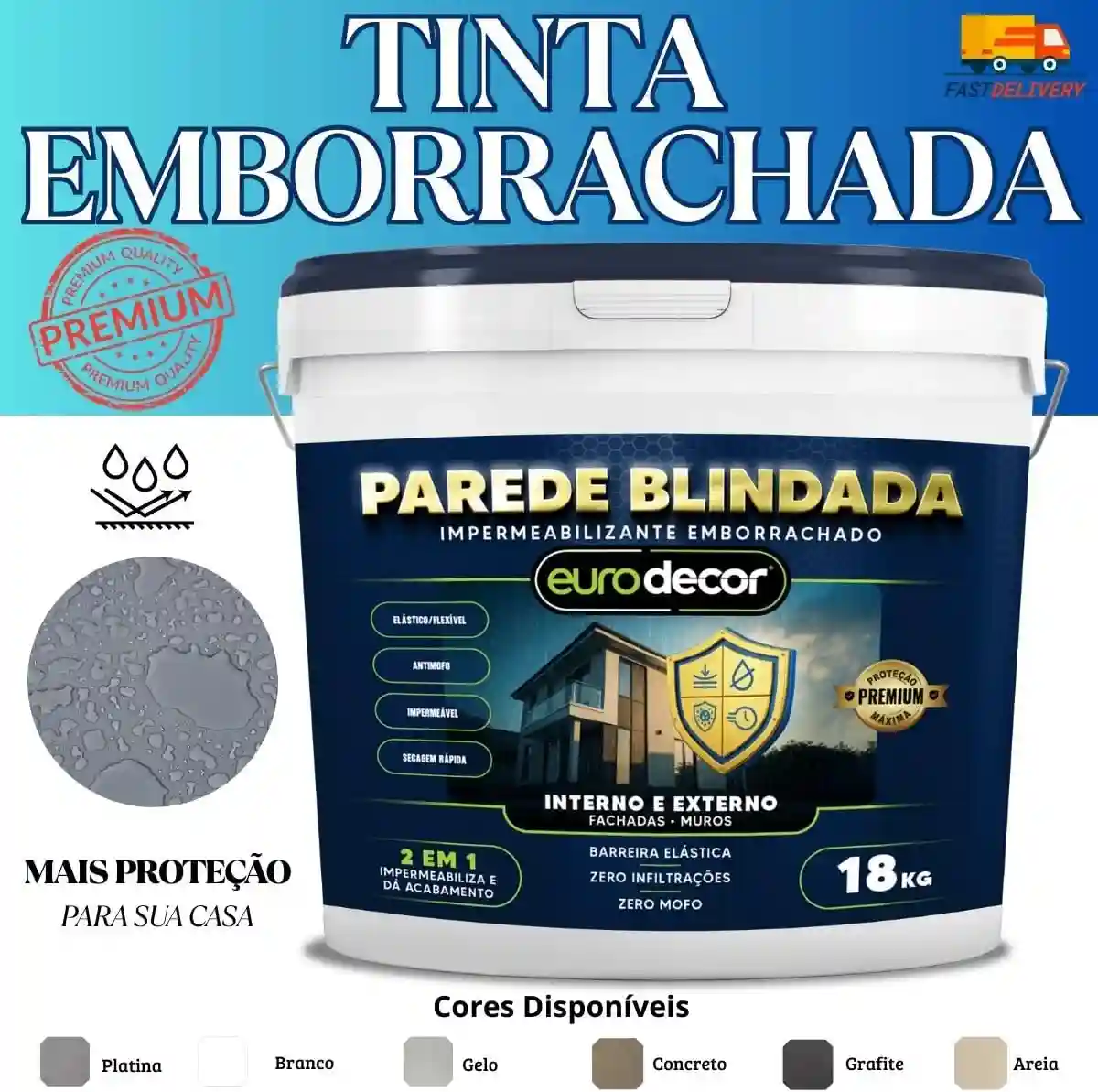 Tinta Emborrachada Parede Blindada Euro Decor 18KG Fácil Aplicação Proteção Contra Infiltrações