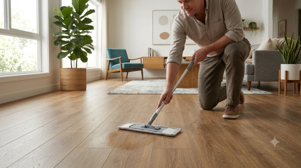Pessoa passando mop plano com pano de microfibra levemente úmido sobre o piso vinílico autocolante amadeirado em uma sala iluminada.
