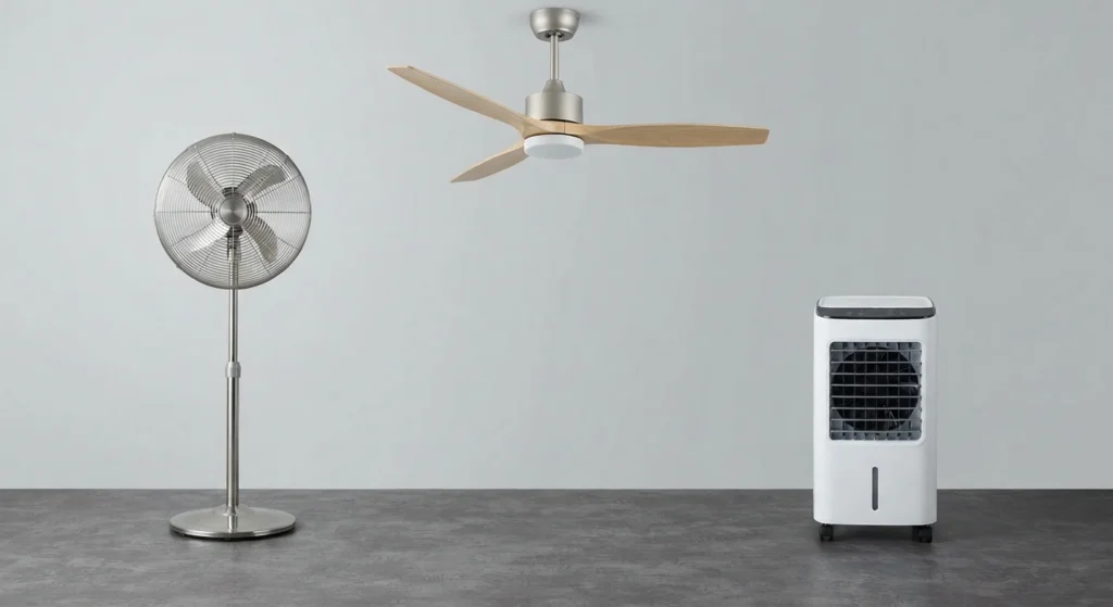 Ventilador de coluna, ventilador de teto e climatizador de ar dispostos em um ambiente moderno.