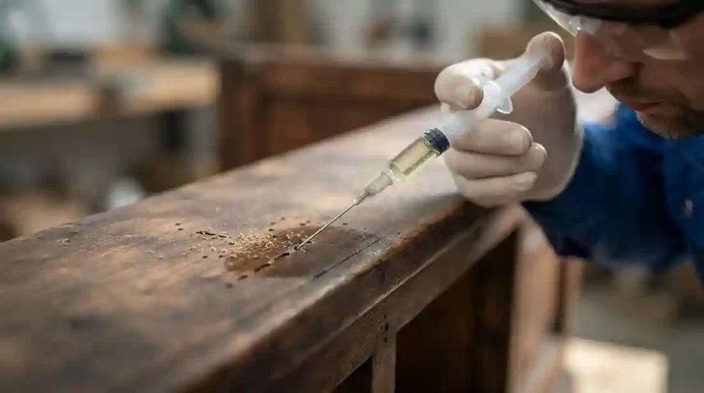 Close-up de um profissional usando uma seringa com agulha para injetar inseticida em um furo de broca em madeira escura.