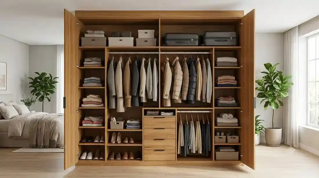 Guarda-roupa espaçoso com casacos pendurados e espaço superior para malas e itens sazonais.