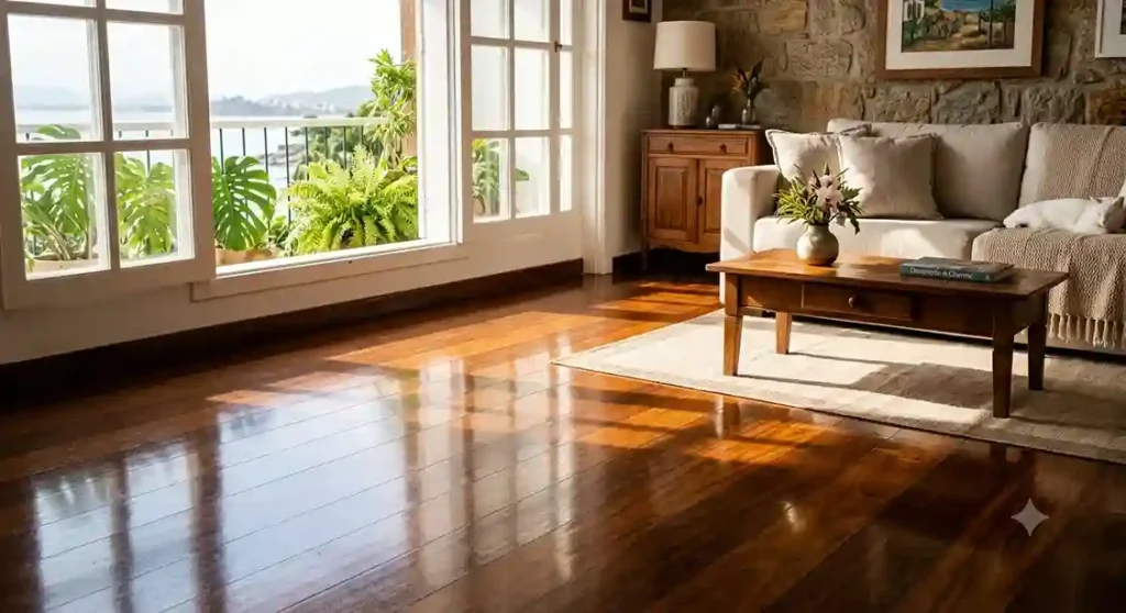 Assoalho de madeira nobre perfeitamente limpo e restaurado refletindo a iluminação natural vinda da janela da sala.