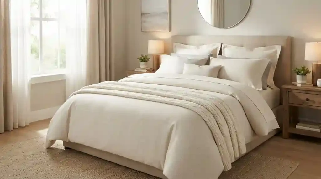 Cama de casal bem montada em quarto claro e aconchegante, com jogo de lençol neutro, manta texturizada aos pés e travesseiros decorativos.