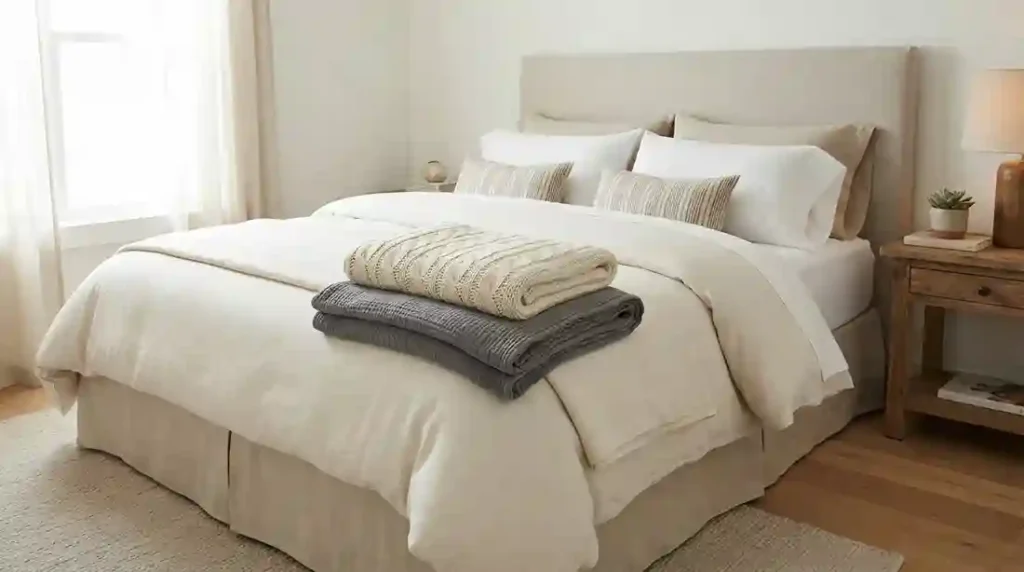 Cama de casal arrumada com jogo de cama em tons neutros, travesseiros e uma manta de tricô clara sobreposta a um cobertor escuro dobrados aos pés.