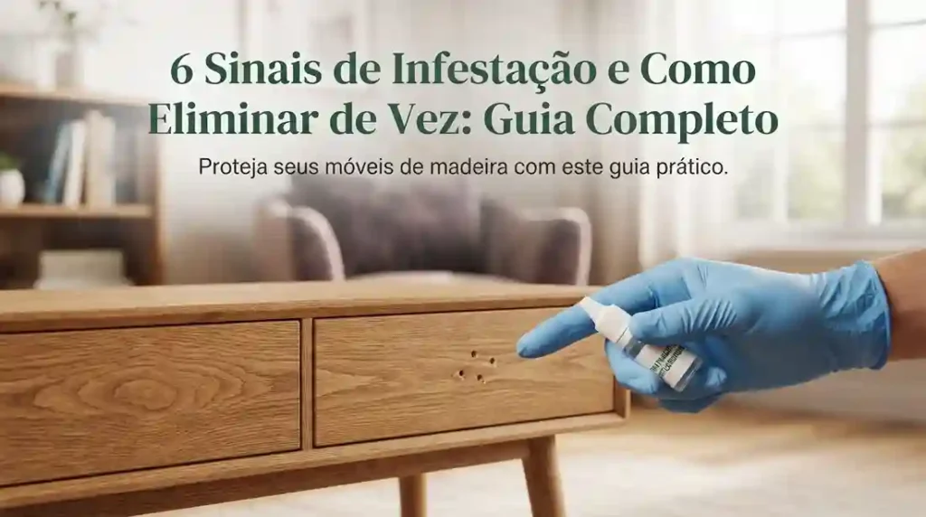 Imagem de capa de artigo com o título "6 Sinais de Infestação e Como Eliminar de Vez: Guia Completo", mostrando uma pessoa de luvas tratando um móvel de madeira.