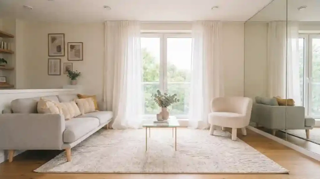 Capa de vídeo para YouTube com alto CTR: Sala de estar pequena e iluminada com texto em destaque "COMO AMPLIAR SUA SALA" e "15 DICAS SIMPLES".