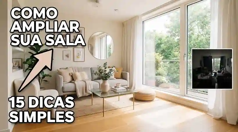 Capa de vídeo para YouTube com alto CTR: Sala de estar pequena e iluminada com texto em destaque "COMO AMPLIAR SUA SALA" e "15 DICAS SIMPLES". Dicas