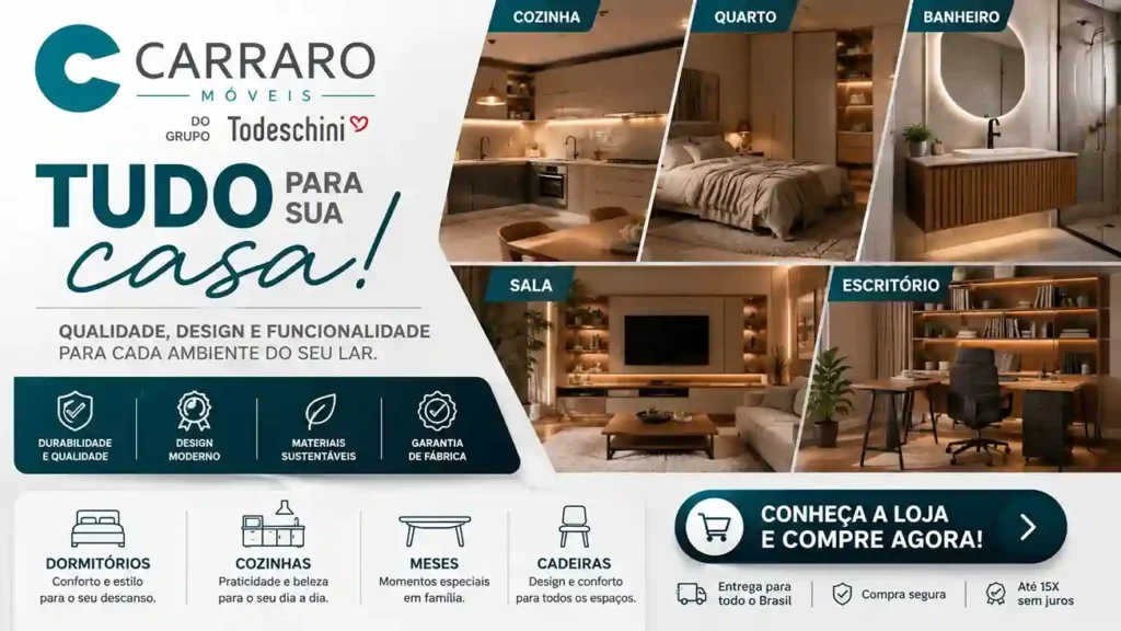 Banner da Carraro Móveis apresentando soluções completas de mobiliário planejado para cozinhas, quartos, banheiros, salas e escritórios, com destaque para qualidade, design e sustentabilidade.