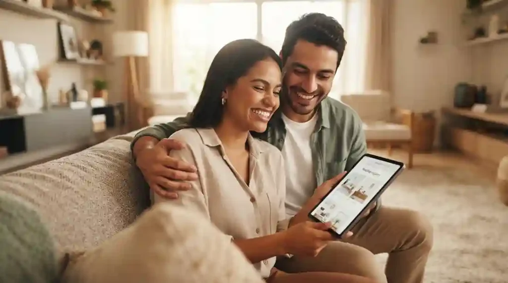 Casal sorridente sentado no sofá da sala de estar olhando juntos para a tela de um tablet enquanto planejam a lista de casamento na Camicado.