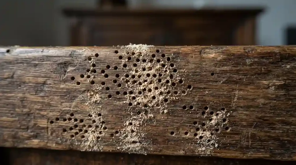Close-up de uma superfície de madeira antiga com numerosos furinhos redondos e acúmulo de pó fino, característicos de infestação de caruncho.