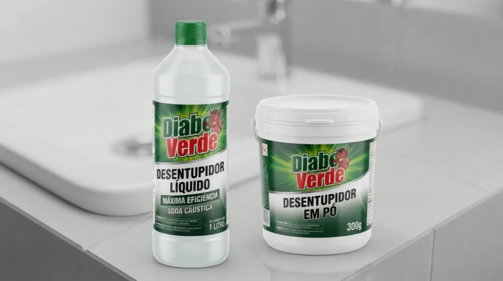 Diabo Verde desentupidor líquido 1 litro e em pó 300g lado a lado