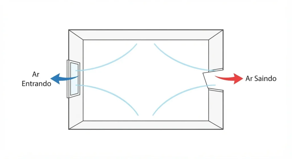 Ilustração esquemática mostrando o fluxo de ar entrando pela janela e saindo pela porta oposta. Ventilação Cruzada