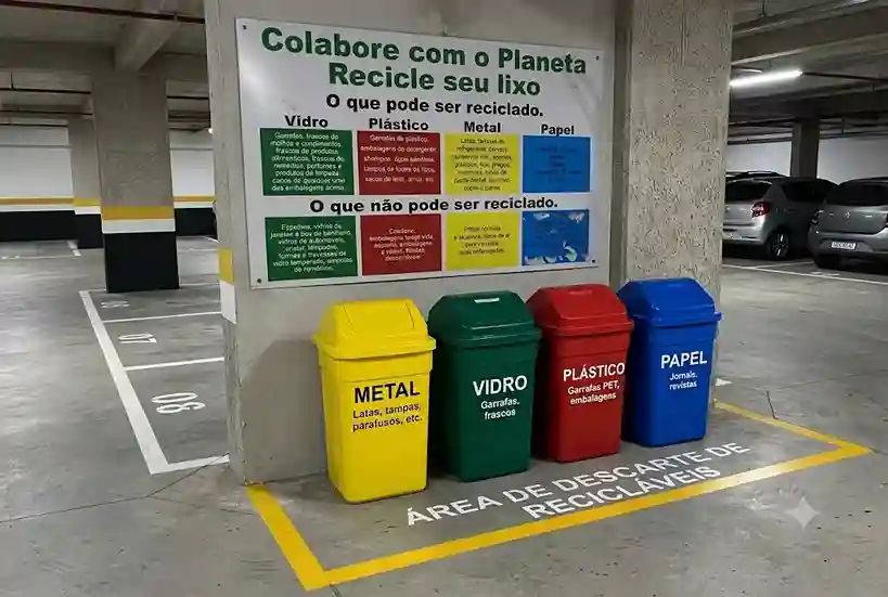 Estação de reciclagem em estacionamento de condomínio com placa indicativa e lixeiras coloridas padronizadas para separação de vidro, plástico, metal e papel.