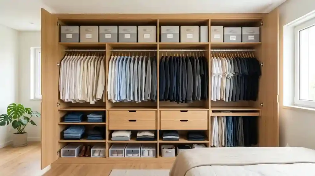 Guarda-roupa de madeira aberto e totalmente organizado com caixas no maleiro superior para guardar roupas de frio na troca de estação. Guardar Roupa na Troca de Estação.