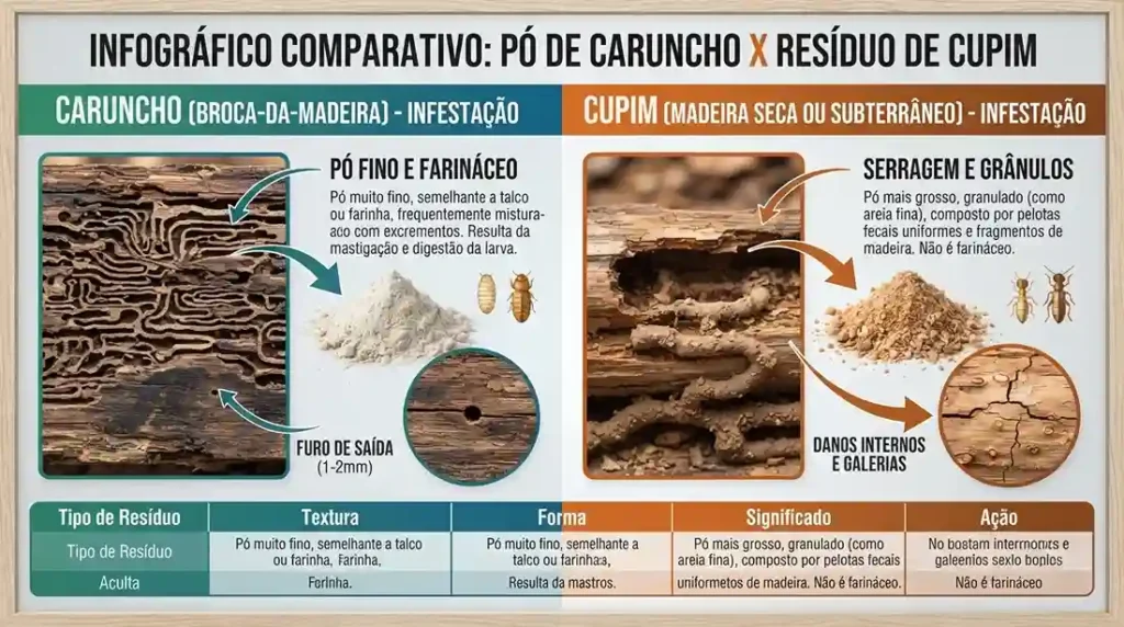 Infográfico comparando os resíduos deixados por pragas: à esquerda o pó fino e farináceo de caruncho com furinho de saída, e à direita os grânulos e serragem de cupim com galerias internas.
