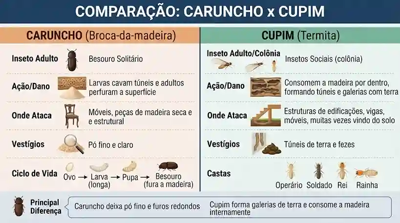 Infográfico comparativo lado a lado detalhando as diferenças entre caruncho (broca-da-madeira) e cupim em relação a insetos, danos, vestígios e hábitos.