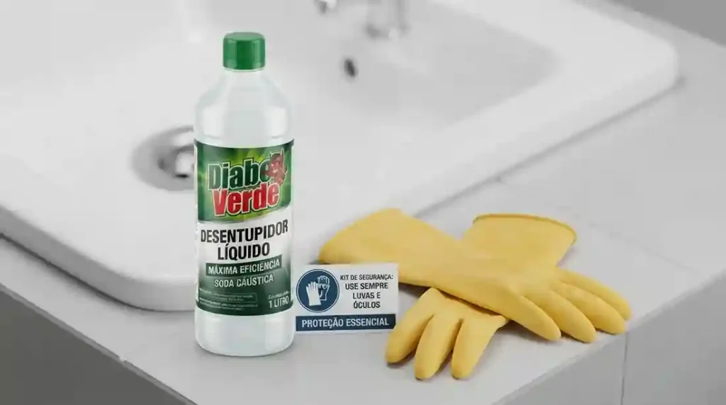 Kit de segurança com frasco de desentupidor Diabo Verde líquido e luvas amarelas