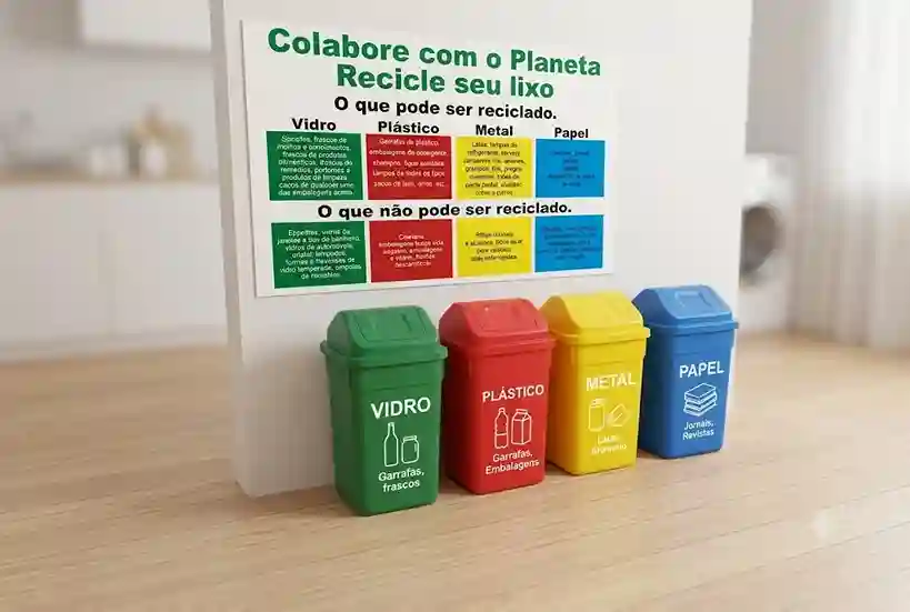 Conjunto moderno de quatro lixeiras de coleta seletiva coloridas (verde, vermelha, amarela e azul) alinhadas em piso de madeira, mostrando os ícones e nomes dos materiais recicláveis.