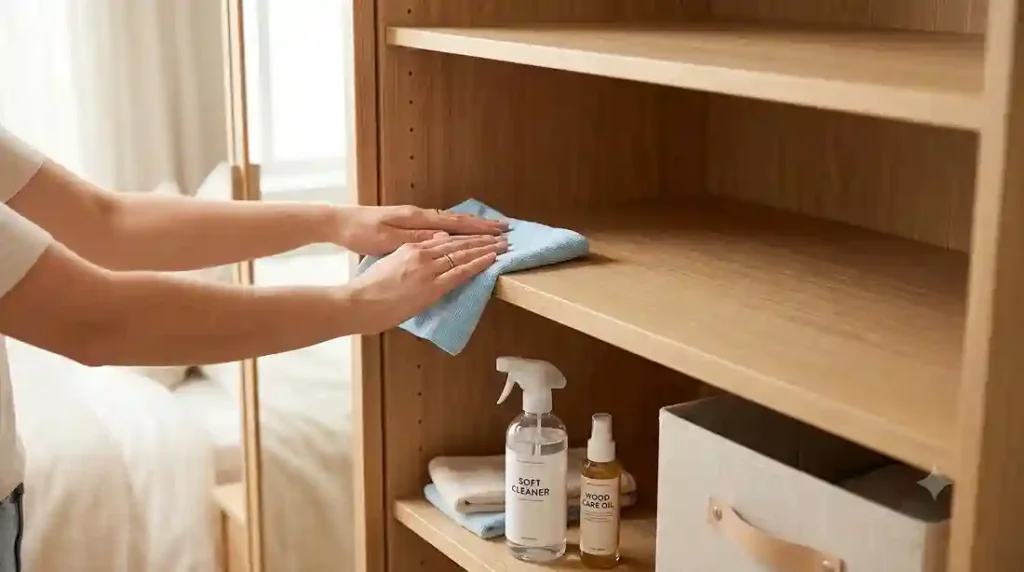 Pessoa limpando a prateleira de um guarda-roupa antes de armazenar roupas de frio.