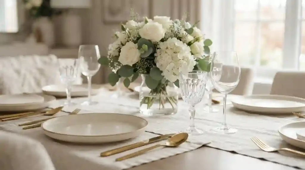 Mesa posta elegante da Camicado com louças de cerâmica em tons neutros, taças de cristal, talheres dourados e arranjo de flores brancas ao centro.