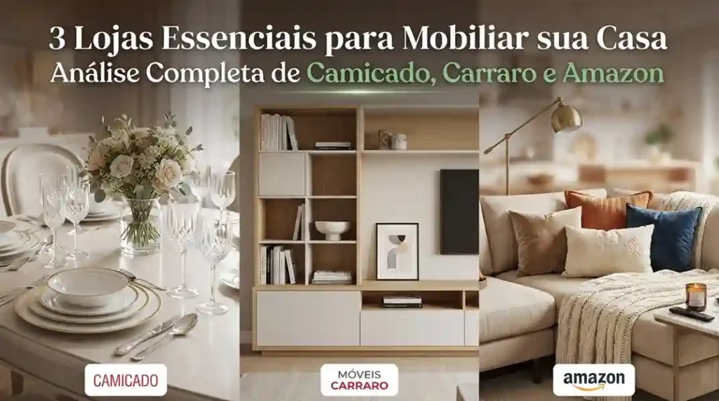 Capa do artigo com imagens divididas de mesa posta da Camicado, móveis da Carraro e sala decorada da Amazon." (Dica: Descreve fielmente a imagem de capa e reforça os termos de busca principais).