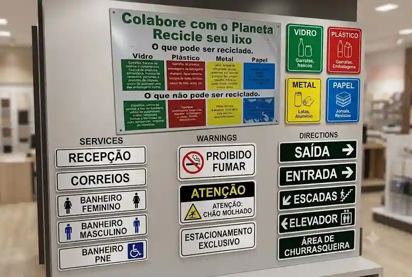 Painel de exibição com ampla variedade de placas indicativas profissionais, incluindo reciclagem, banheiros, proibido fumar, saídas, entradas e áreas de serviço, em um showroom bem iluminado.