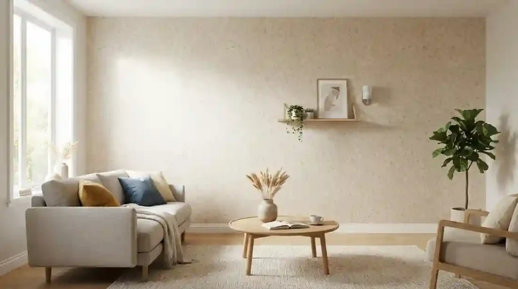 Vista ampla de uma sala de estar moderna com parede principal revestida em papel de parede líquido bege claro texturizado, iluminada por luz natural vinda de uma janela lateral.