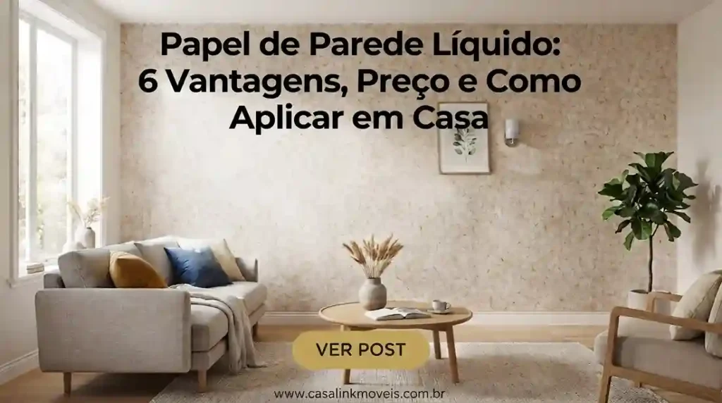 Pin do Pinterest em formato vertical destacando a sala de estar decorada com papel de parede líquido e o título sobre vantagens, preço e aplicação.