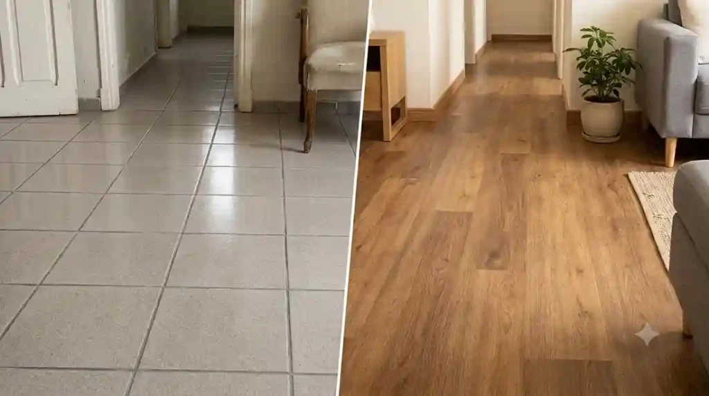 Comparativo visual dividindo a imagem ao meio: à esquerda, um piso cerâmico antigo e frio com rejuntes; à direita, um novo piso vinílico amadeirado aconchegante padrão carvalho.