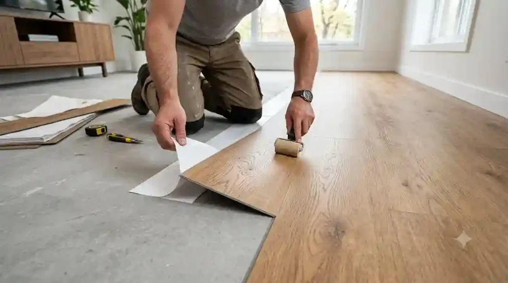 Instalação de piso vinílico autocolante amadeirado padrão carvalho natural sendo colado sobre o chão.