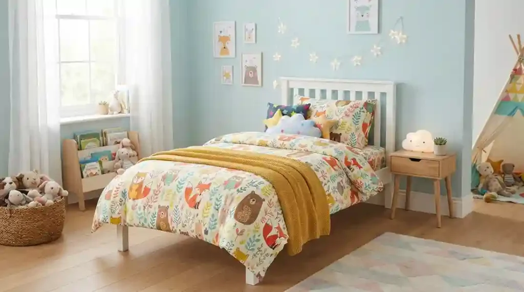 Quarto infantil lúdico com paredes em tom azul claro, cama com jogo de lençol estampado de animais da floresta, manta amarela e elementos decorativos encantadores.