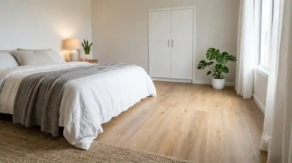 Quarto aconchegante com piso vinílico amadeirado e armário planejado ao fundo.